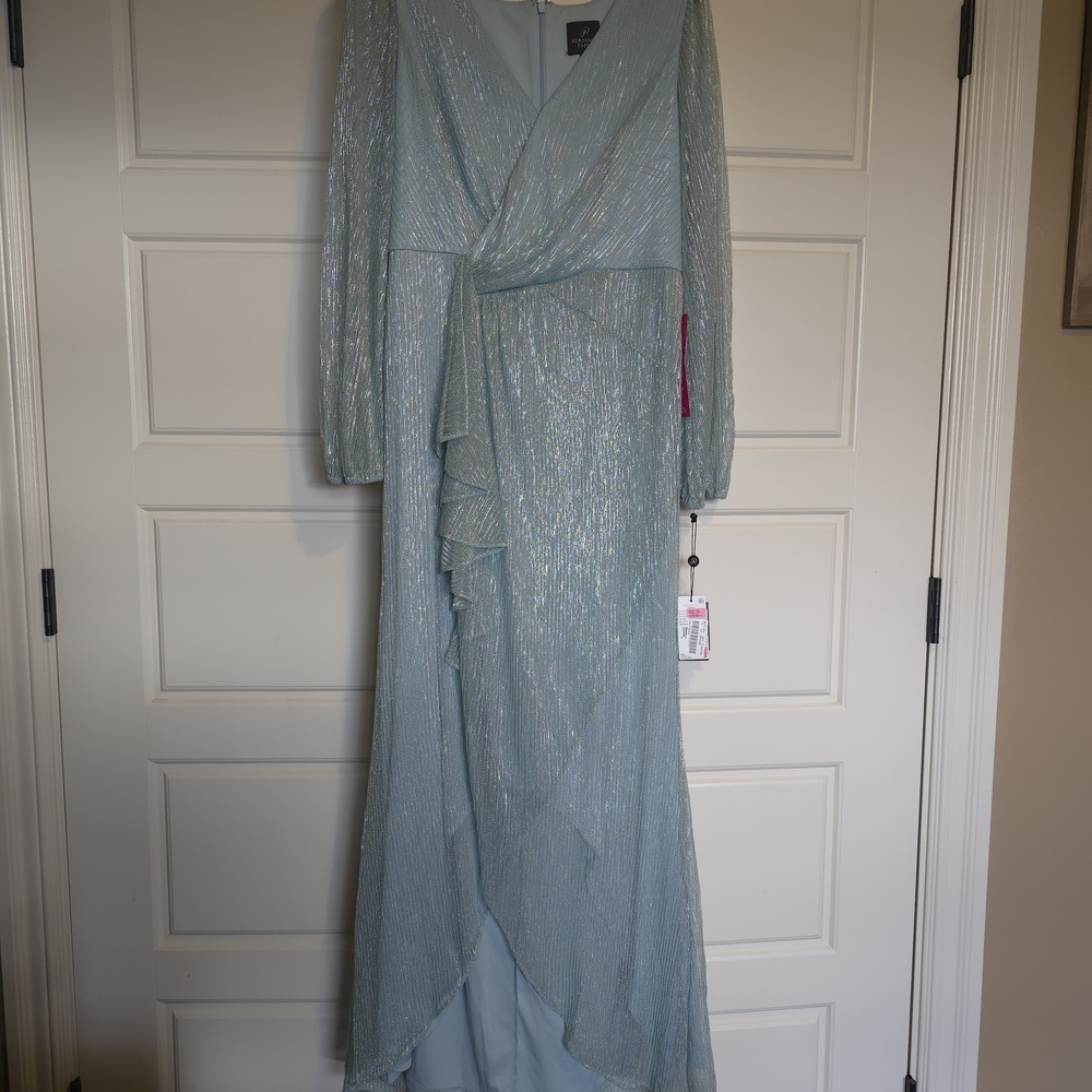 Adrianna Papell Light Blue Metallic Long Sleeve Wrap Gown
